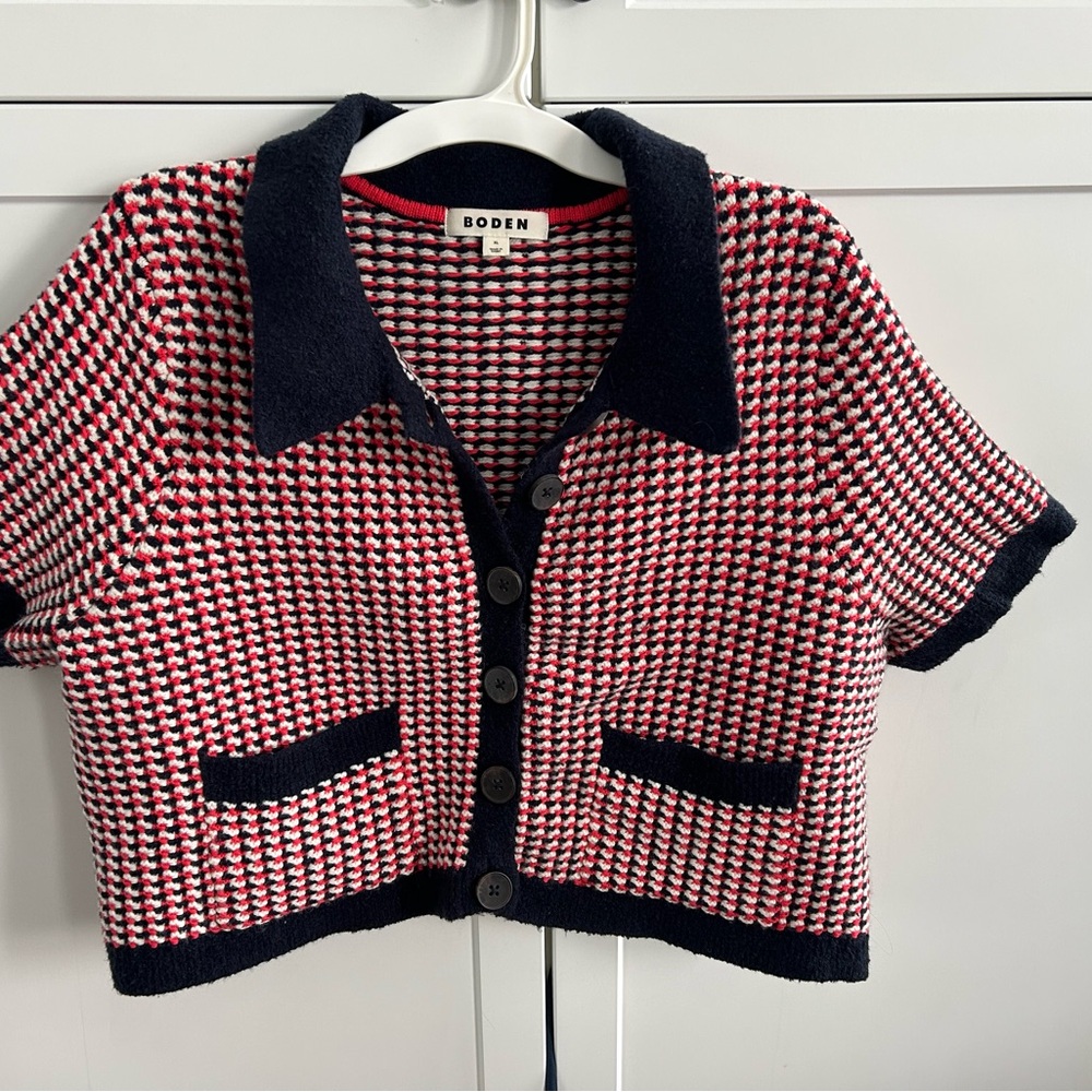 Boden Red and Navy Knit Cardigan